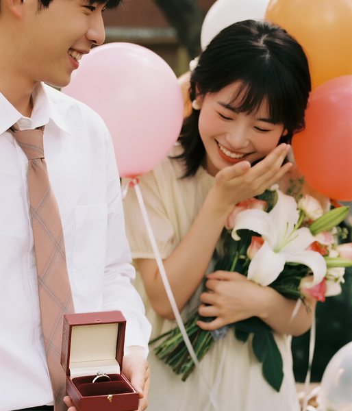 Man presenting a ring to a woman with balloons and flowers in the background